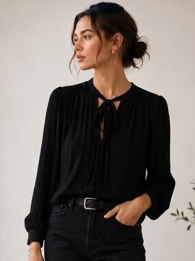 Isabel Marant Étoile Black Tie-Neck Crinkle Blouse Size 40 M
